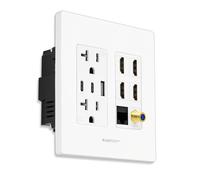 BASEPORT Plaque murale pour prise multimédia de qualité supérieure - Prise USB 36 W 1 USB-A et 2 USB-C, prises duplex 20 A, 4 prises HDMI, module coaxial, prise murale Ethernet Cat6 Rj45, plaque