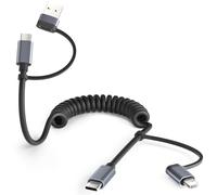 BASESAILOR Câble USB C Spirale Voiture 4 en 1 pour Apple Carplay 1.4M,60W Coiled Cable USBC Multi USB Universel Charge Cordon avec USB A/Lightning pour New iPhone 17 Air,Apple 16 15 Pro,Galaxy A54 A53