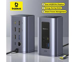 Baseus 12 en 1 USB C HUB vers HDMI 4K @ 60Hz double affichage USB 3.2 adaptateur avec RJ45 SD TF PD 100W Station d'accueil pour fenêtre Mac Hub 11-in-1 HDMI DP