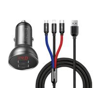 Chargeur voiture 2x USB 4,8A 24W avec écran LCD + câble 3-en-1 1,2m noir