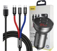 Baseus Chargeur de voiture avec écran 24W + Baseus 3W1 Câble Usb Trois Couleurs Primaires 1.2M