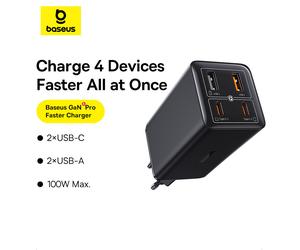 Baseus GaN6 Pro 2C+2U 100W chargeur rapide GaN Stellar Black, compatible avec la série iPhone 18, iPhone 18 Pro/Pro Max/Duo