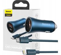 Baseus Golden Contactor Pro Chargeur de voiture, Usb + Usb-C, Qc4.0+, Pd, Scp, 40W (Bleu) + Câble Usb-C vers Lightning 1M (Bleu)