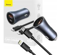 Baseus Golden Contactor Pro Chargeur de voiture, Usb + Usb-C, Qc4.0+, Pd, Scp, 40W (Gris) + Câble Usb-C vers Ip 1M (Noir)