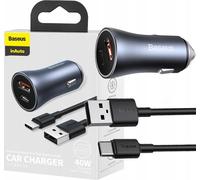 Baseus Golden Contactor Pro Chargeur de voiture, Usb + Usb-C, Qc4.0+, Pd, Scp, 40W (Gris) + Câble Usb vers Usb-C 1M (Noir)