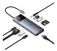 Baseus Metal Gleam Serie 11-in-1 USB-C Hub : Adaptateur multifonctionnel avec 100W PD, gris - Ports : USB-C, USB-A, HDMI, AUX, RJ-45, SD/TF