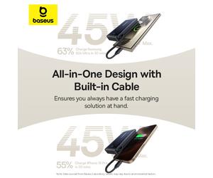 Baseus Nomos Qi2 Batterie portable avec support magnétique filaire USB-C intégré 10000 mAh 45 W - Noir interstellaire