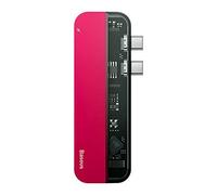 Baseus Transparent Dual, Adaptateur Multifonctionnel PC/téléphone hub, Rouge, 60 W, Nombre de connecteurs: 5, Connecteur(s): USB Type C x 2 & USB 3.0 X 2 & HDMI, Voyage Boy