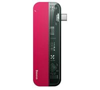 Baseus Transparent Dual, Adaptateur Multifonctionnel PC/téléphone hub, Rouge, 60 W, Nombre de connecteurs: 5, Connecteur(s): USB Type C x 2 & USB 3.0 X 2 & 4K HD, Voyage Size