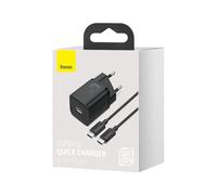 Baseus TZCCSUP-L01 : Chargeur secteur USB-C rapide pour Smartphone, 1 port, 100-240V, 50/60Hz, câble 1m, Noir, dimensions 34x28x41mm, 51g