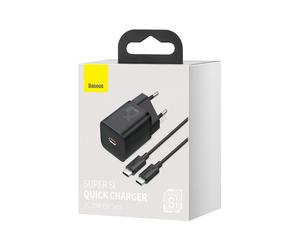 Baseus TZCCSUP-L01 : Chargeur secteur USB-C rapide pour Smartphone, 1 port, 100-240V, 50/60Hz, câble 1m, Noir, dimensions 34x28x41mm, 51g