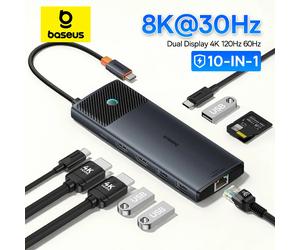 Baseus USB C HUB double HDMI 8K 4K adaptateur 10 en 1 USB 3.2 10Gbps séparateur avec RJ45 SD TF Type C PD 100W pour MacBook Pro Air HUB 13-in-1 2HDMI 1DP 4K