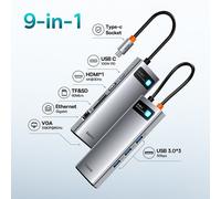 Baseus USB C HUB vers HDMI,adaptateur VGA USB 3.0 9/11 en 1,station d'accueil USB Type C pour MacBook Pro Air PD RJ45,lecteur de carte SD - Type 9-in-1 HDMI RJ45 VGA