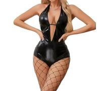 BASHAMAN sous-Vêtements Femme Personnalité Tendance Cuir Verni Vêtements Sexy Creusé Perspective Sex Mode Lingerie Érotique E-Black with Socks S