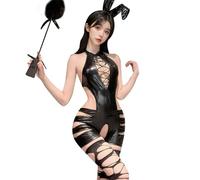 BASHAMAN sous-Vêtements Femme Personnalité Tendance Cuir Verni Vêtements Sexy Sex Mode Gousset De Poitrine Perspective Lingerie Érotique K-Black with Socks Taille Unique