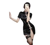 BASHAMAN Vêtements Sexy Femme Sex Mode Style Chinois Uniformes Pendre Le Cou Cache-Cœur Gousset sur Les Hanches Lingerie Érotique F-Black with Socks Taille Unique