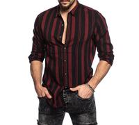 Basic Shirt Homme Rayée Manches Longues Casual Shirt Légère Shirt Mode Correspondance Couleurs Extérieur Chemise Slim Fit Revers Hommes Boutonnée Chemise C-Red L