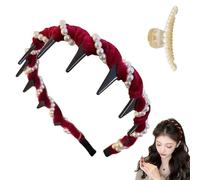 Basicallyt Retro High Skull Pearl Headband, Vintage High Cranium Artificial Pearl Hairband, Versatile Wave Headbands, Women Heaband for Outdoors Weddings, Daily Wear (Burgundy, 1)