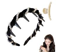Basicallyt Retro High Skull Pearl Headband, Vintage High Cranium Artificial Pearl Hairband, Versatile Wave Headbands, Women Heaband for Outdoors Weddings, Daily Wear (Black, 1)