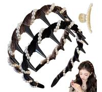 Basicallyt Retro High Skull Pearl Headband, Vintage High Cranium Artificial Pearl Hairband, Versatile Wave Headbands, Women Heaband for Outdoors Weddings, Daily Wear (Brown+Black, 1)