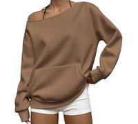 Basics - Chemise à épaules dénudées pour femme, sweat-shirt tendance surdimensionné, mignon, sweat à capuche uni avec poche, chemise ajustée pour femme, café, XXL