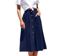 Basicspace Femmes Couleur unie Légèrement Plissée A-ligne Jupe Midi Poche Bouton Décontracté Demi-Corps Jupe, bleu, L