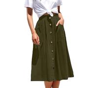 Basicspace Femmes Couleur unie Légèrement Plissée A-ligne Jupe Midi Poche Bouton Décontracté Demi-Corps Jupe, Vert armée., L