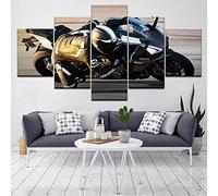 Basilefc Peinture Sur Toile - 5 Pièces 150X80Cm Moto De Course Cool Noire 5 Pièces Cadres En Bois Peintures Sur Toile Affiches Art Mural Impression Image Chambre Des Décor Tableau Multi Panneau Décora