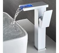 Basin Mixer Hot and Cold Water, Colour Changing LED RGB Light Waterfall, Handle Single Hole Bathroom Tap Faucet,White,High