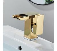 Basin Mixer Hot and Cold Water, Colour Changing LED RGB Light Waterfall, Handle Single Hole Bathroom Tap Faucet,Gold,Short