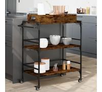 Basinlix Chariot de cuisine en chêne fumé 81,5 x 41 x 92,5 cm avec espace de rangement et étagère, chariot de service avec roulettes et porte-serviettes, chariot multifonction pour cuisine, salle à