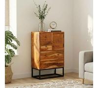 Basinlix Commode à tiroirs naturel 55 x 30 x 90 cm en bois d'acacia massif avec cadre en métal pour salon, chambre à coucher et couloir, solution de rangement durable avec 4 tiroirs et porte en bois