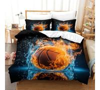 Basket-Ball de feu Ensemble De Literie De Imprimé en 3D avec Motifs de Basket-Ball Housse De Couette Taie d'oreiller Fermeture Glissière Convient Aux Enfants Et Aux Jeunes Adultes 3 Pièces 140x200cm