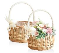 Basket Flower Girl 2pcs Petit panier en osier en rotin avec poignées enveloppe de ruban de soie et arc décoratif pour la fête mariage à la maison BBQ