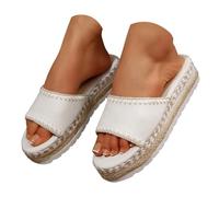 basket toile blanche - Mules sandales femme été à plateforme, claquettes compensées bout ouvert, semelle épaisse façon espadrille, bride large en toile avec bordure brodée, chaussures plage ville