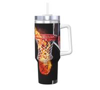 Basketball Sports Flame Ball,Gobelet isotherme Ice Bully de 40 oz avec poignée, couvercle et paille, en acier inoxydable, pour voiture ou café.