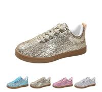 Baskets à paillettes pour femme à lacets tendance légères à paillettes métalliques - Chaussures de tennis basses à paillettes décontractées - Mocassins plats confortables et rembourrés, doré, 40 EU