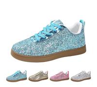 Baskets à paillettes pour femme à lacets tendance légères à paillettes métalliques - Chaussures de tennis basses à paillettes décontractées - Mocassins plats confortables et rembourrés, bleu, 38 EU