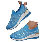 Baskets à paillettes pour femme - Chaussures de marche compensées à enfiler en maille avec strass - Chaussures de marche tendance respirantes et scintillantes - Légères, bleu ciel, 36.5 EU