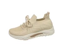 Baskets compensées à lacets pour femme avec soutien de la voûte plantaire en mousse à mémoire de forme antidérapante et respirante en maille athlétique pour la course à pied et la marche, beige, 39.5