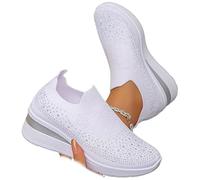 Baskets compensées à semelle compensée respirantes mode avec strass pailletés pour femmes, baskets plateforme sans lacets pour dames, chaussures à enfiler, blanc, 40 EU