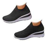 Baskets compensées respirantes à paillettes pour femme - Légères et confortables - Chaussures de marche à enfiler, Noir , 10 UK Wide
