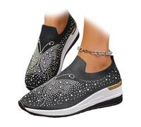 Baskets compensées respirantes à paillettes pour femme - Style décontracté - Avec strass, Noir , 43 EU