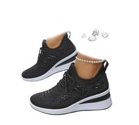 Baskets compensées respirantes à paillettes pour femme - Style décontracté - Maille à strass - Chaussures de marche, Noir , 0 UK Wide