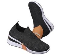 Baskets compensées respirantes avec strass pailletés pour femme - Sans lacets - Chaussures à enfiler, Noir , 40 EU