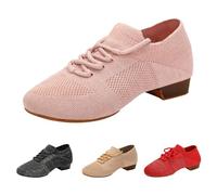 Baskets de danse à lacets pour femme - Semelle fendue - Chaussures de danse en maille respirante - Chaussures à talons bas et épais - Chaussures de tango creuses à enfiler - Talons élastiques pour