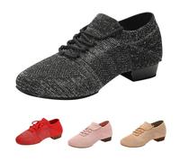 Baskets de danse à lacets pour femme - Semelle fendue - Chaussures de danse en maille respirante - Chaussures à talons bas et épais - Chaussures de tango creuses à enfiler - Talons élastiques pour