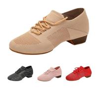 Baskets de danse à lacets pour femme - Semelle fendue - Chaussures de danse en maille respirante - Chaussures à talons bas et épais - Chaussures de tango creuses à enfiler - Talons élastiques pour