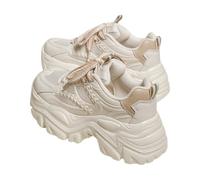 Baskets épaisses pour femmes et filles - Chaussures de marche à semelle épaisse avec maille respirante - Style décontracté pour papa, Blanc cassé et kaki, 34 EU