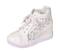 Baskets Femme en Cuir et Dentelle Ajourée, Sneakers à Lacets, Bout Rond, Tige Mi-Haute, Empiècements Latéraux, Semelle Compensée Intérieure Antidérapante | Chaussures Décontractées, Quotidien, Ville